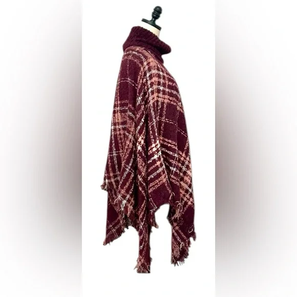 NWT BURGUNDY PINK & WHITE PULL OVER COWL NECK PONCHO SHAWL CAPE COVER UP - Picture 4 of 7